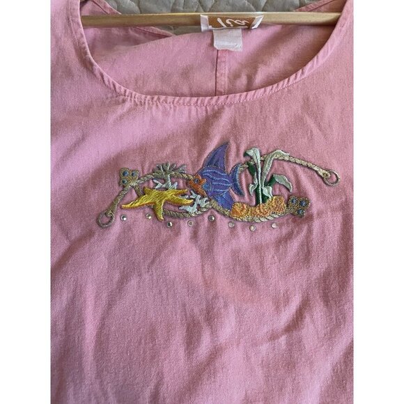 VintageTia Designs Dress Womens Sz L Pink Cotton Embroidered Fish Wearable Art - Picture 10 of 11